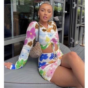 WITH JEAN Hermana Dress Abstract Floral Multicolor Cutout Mini Viola Tricolor XS